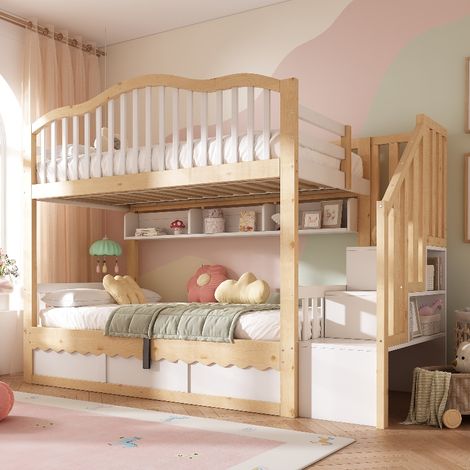 Etagenbett 90x200 mit hydraulischem Stauraum und Sicherheitstreppe, Kinderbett aus Holz mit Regal und Rausfallschutz, Weiß & Eiche (1/5)