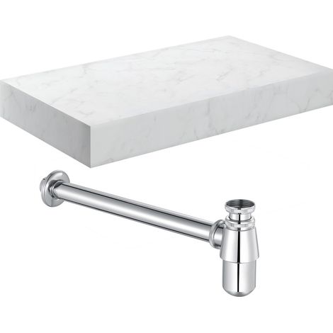 Signature Grove Wall Hung Basin Shelf with Chrome Bottle Trap 800mm Wide - White Marble (1/2)