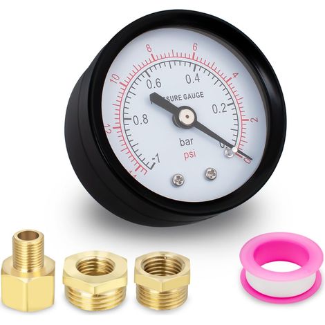 1 x Vacuum Pressure Gauge 50mm BSP 1/4" - 10 Bar - 140 PSI with 2 Sockets from to 3/8", to 1/2" and 1 x 1/8" Hex Threaded Fitting, Axial (1/5)
