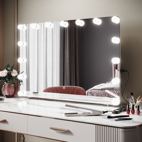 SIRHONA Miroir de maquillage LED, Miroir sur pied avec fonction mémoire, 3 modes d'éclairage, ampoule amovible, prise intégrée, mural ou de table, 1000 x 700 x 35mm (1/5)