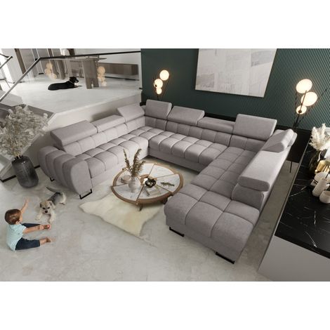 Wohnlandschaft Schlafsofa BASTIEN XL in Stoff Moly Hellgrau Ottomane Rechts