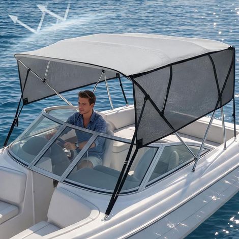 Bimini Taud de Soleil 4 Arceaux Protection UV50+ Toile Polyester 600D Aluminium 243x137x231-244cm pour Bateau et Voilier (1/5)