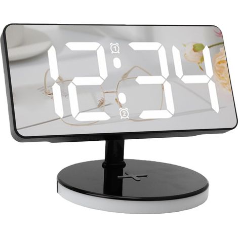 Digital Alarm Clock with Wireless Charging, 6 Adjustable Brightness Night Lights, 7.3 Inch LED Mirror Screen, Dual Alarm, Snooze, Ideal for Bedroom (1/5)