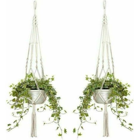 Lot de 4 Paniers Suspendus en Macramé Corde de Coton Pot de Fleur Jardinière Paniers Suspendus pour Intérieur et Extérieur Plafond/Balcon/Mur Décoration, 105 cm, 4 Cordes, Blanc,Autre déco murale (1/5)