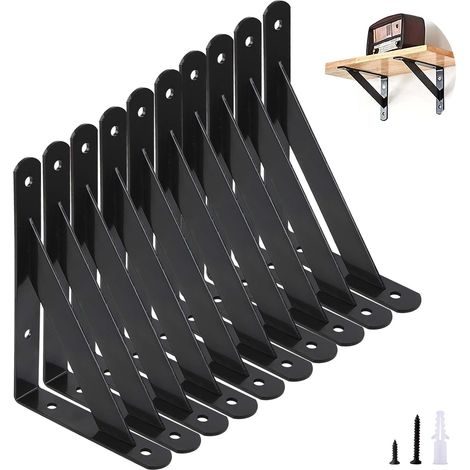 15cm Triangle Shelving Brackets - 10 Pack, 90 Degree Angle Wall Mounted Stainless Steel Shelf Support Frame Black (1/5)