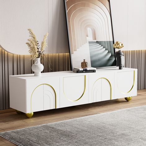 Mobile TV basso, elegante mobile TV con 4 ante strutturate, decorazione dorata, gambe rotonde dorate, 170 x 38 x 44 cm, bianco