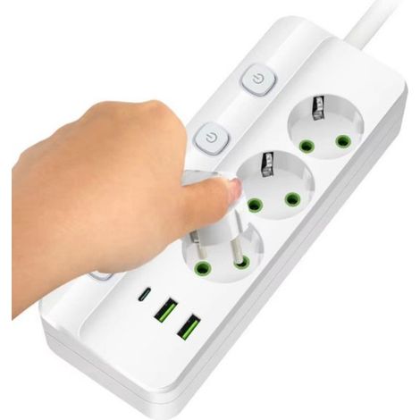 Multiprise européenne avec 3 prises, ports USB-C et USB-A, charge rapide Type-C, compacte pour bureau et maison, blanc (1/5)