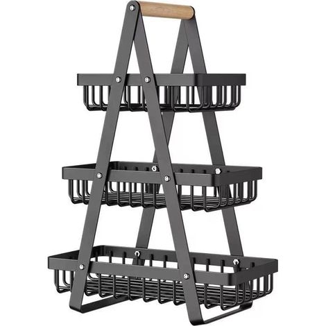Panier de rangement en métal avec poignée, étagère à 3 niveaux en fil de fer style campagnard, panier rustique noir en fil de fer pour la maison, le plan de travail de la cuisine, le garde-manger, les