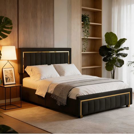 Cama de adulto 140x200cm – Cama doble – Base de láminas – Cabecero tapizado – Terciopelo negro (1/5)
