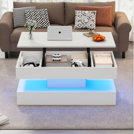 Table basse relevable 100x50x42 cm blanche en panneau de particules avec LED, rangement dissimulé et prises intégrées (1/5)