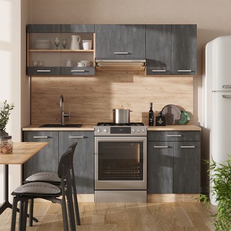 Mobile da cucina R-Line, Calce nera/Rovere dorato, 200 cm PL Antracite, Vicco