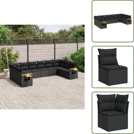10-tlg. Garten-Sofagarnitur mit Kissen Schwarz Poly Rattan - Gartensorganisation - Gartenmöbelset - Lounge Möbel - Esszimmergarnitur Außen - Balkonmöbel (1/5)