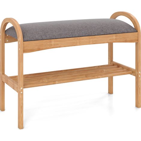 Banc à chaussures en bambou 2 niveaux avec coussin rembourré et étagère - gris