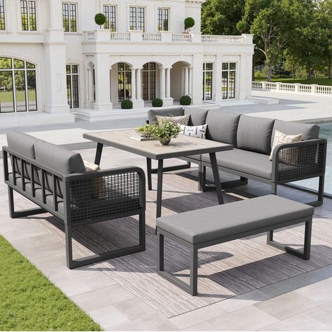 Salón de jardín 242x182,5x77 cm de poliratán gris con cojines, para terraza, estable – MEUBLIV (1/5)