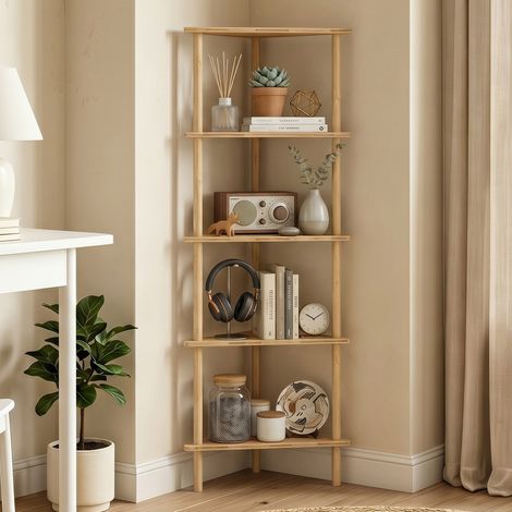 Étagère d'angle en bambou 5 niveaux, meuble de rangement pour maison, finition naturelle (1/5)