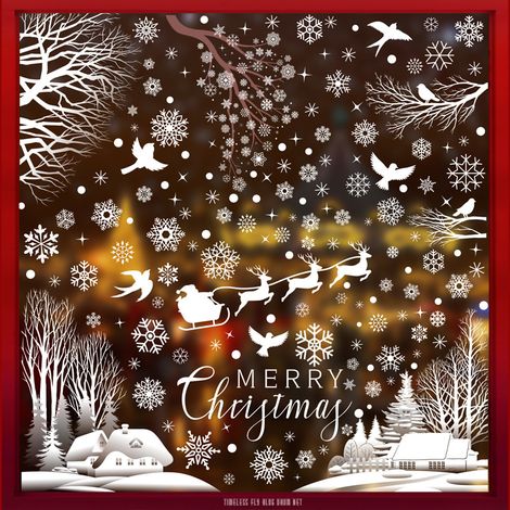 Autocollants pour fenêtre flocons de neige blancs et branches d'arbre, autocollants scène de forêt enneigée avec colibris, décorations de Noël hivernales, décorations de fenêtre statiques, anti-collis