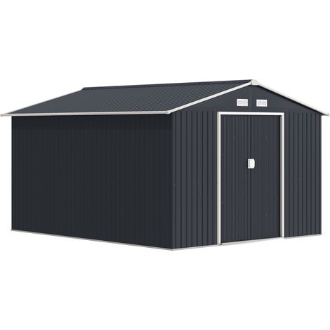 Cabane de Jardin avec 2 Portes Coulissantes et 4 Grilles d'Aération, en Acier, 322x277x192 cm, Gris (1/5)