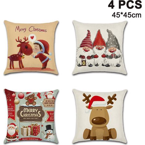 Lot de 4 housses de coussin, coton et lin, 45x45 cm, fermeture éclair invisible, motif Noël, pour canapé lit voiture (1/5)