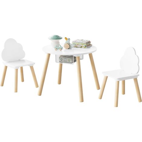 WOLTU Mesa de Centro Redonda con 2 Sillas Infantil Blanco + Roble Claro (1/5)