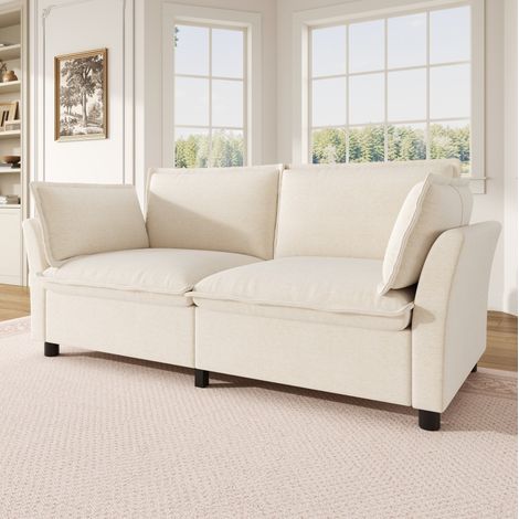 Sofá de 2 plazas en chenilla beige, 155 x 81 x 87 cm, con 2 cojines DESVIAE (1/5)