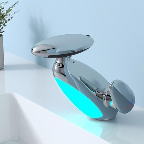 Chrome LED bathroom faucet, single-hole waterfall mixer with 360° swivel spout and 4-mode hand shower