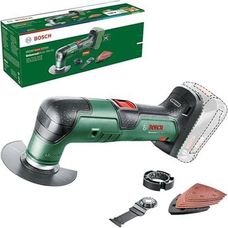Outil multifonction sans fil 18V, de couleur verte, avec scie circulaire, lame de coupe et disque de ponçage, pour les travaux d'entretien.-AquaForge (1/3)