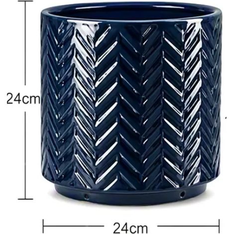 Pot de fleur céramique artisanal, bleu foncé brillant relief arête de poisson, respirant et résistant gel, diamètre 24 cm, intérieur balcon jardin (1/5)