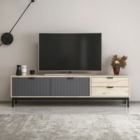 Mobile porta TV colore rovere chiaro e antracite con effetto cannettato 180x35x47H cm - Mayri