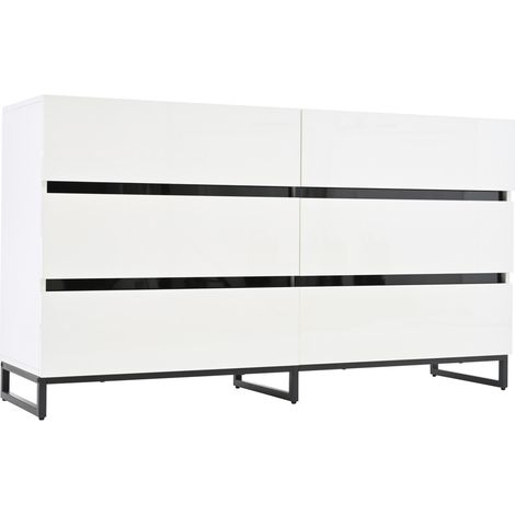 Buffet de salon 140x39,5x78,5 cm avec 6 tiroirs, chêne blanc et pieds métalliques noirs (1/5)