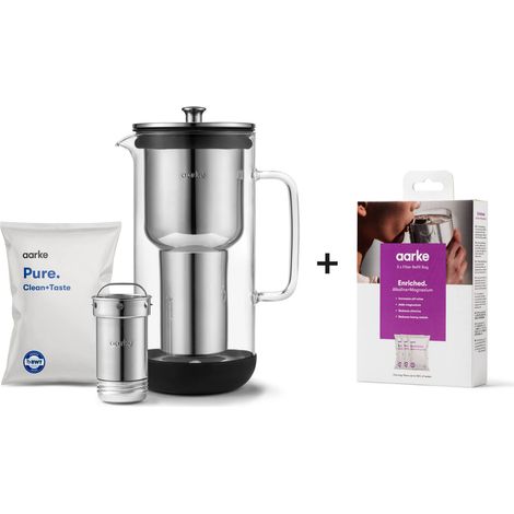 Aarke Purifier, caraffa filtrante in vetro e acciaio inox (2,4 L / 10 tazze) + confezione da 3 sacche di ricarica filtro Enriched