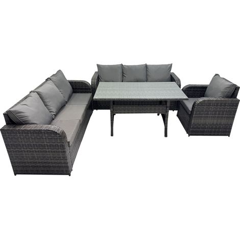 Fimous 7 Sitzer Dunkelgrau Polyrattan Gartenmöbel-Set Liegestuhl Lounge Sofa 3 Sitzer Sofa Set Outdoor Rechteckiger Esstisch (1/5)