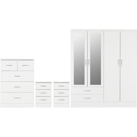Nevada 4 Door 2 Drawer Mirrored Wardrobe Set White Gloss 2 Man Del (1/5)