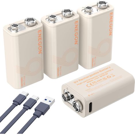 9V Lot 4 Piles Li Rechargeables 3,7Wh 1000mAh Type-C Charge Rapide 9V/0,6A Puissance stable, compatible multimètre, micro sans fil, détecteur de fumée et plus - 6F22 (1/5)