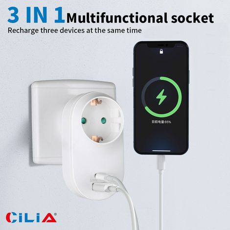 Adaptateur mural CILIA avec 1 prise Schuko 16 A, 1 port USB-C 5 V/3 A et 1 port USB-A 5 V/2,4 A. Multiprise compacte à 3 ports pour la maison, le bureau et les voyages. Chargeur universel pour ordinat