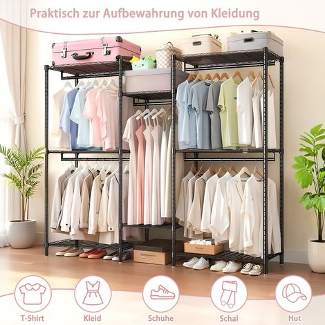 Support de vêtements robuste, porte-vêtements autoportant, penderie pliable portable, étagère à habits en métal réglable avec 8 étagères grillagées ajustables et 5 tringles, noir (1/5)
