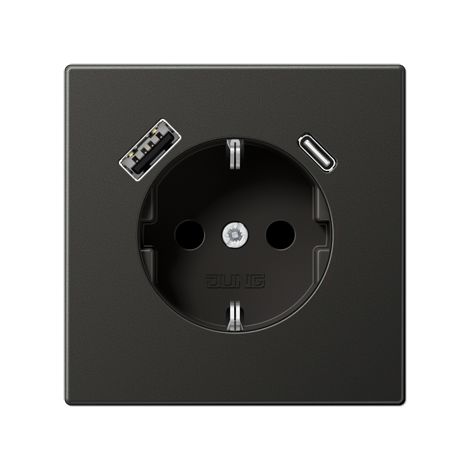 Jung Enchufe SCHUKO®, 16 A 250 V , con cargador USB, 1 x tipo A + 1 x tipo C, SAFETY+, serie LS, antracita AL 1520-15 CA AN