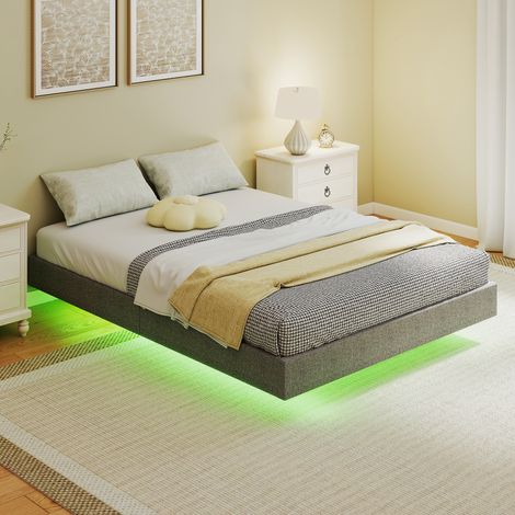 Somier 140x190 cm con Luces LED Estructura de Cama Tapizado en Lino Láminas de Madera Fácil de Montar Gris (1/5)