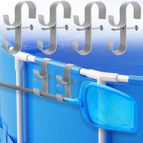 Lot de 4 supports gris en plastique pour épuisette et perche de piscine — Crochets réglables pour perches télescopiques et brosses, pour piscines hors-sol (1/5)