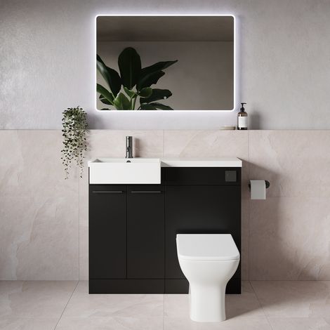 Napoli 250 Matt Black 1000mm 2 Door Vanity Unit Toilet Suite with Left Hand Square Rico Semi Recessed Basin - 1000mm - Gunmetal Grey 160mm HandleWith Kingston Toilet Pan and Seat