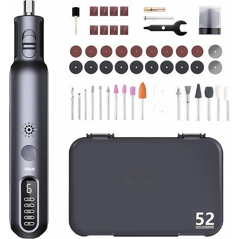 Stylo graveur électrique rechargeable 80 W – Sans fil – 52 accessoires pour gravure sur métal, verre, bois et céramique – Vitesse 5000-30000 R/min (1/5)