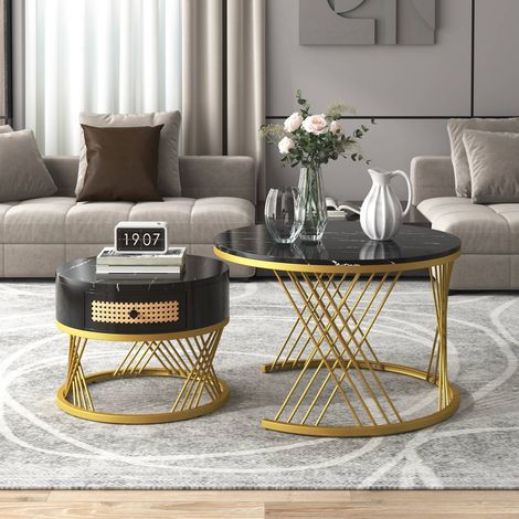 Table basse ronde 2 en 1, mdf avec plateau effet marbre, tiroirs en rotin plastique et poignées bois, pieds en mé (1/5)