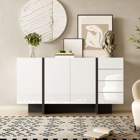 Buffet blanc laqué brillant, buffet moderne et simple avec 2 portes et 4 tiroirs, facile à nettoyer, idéal pour le salon ou la salle à manger (1/5)