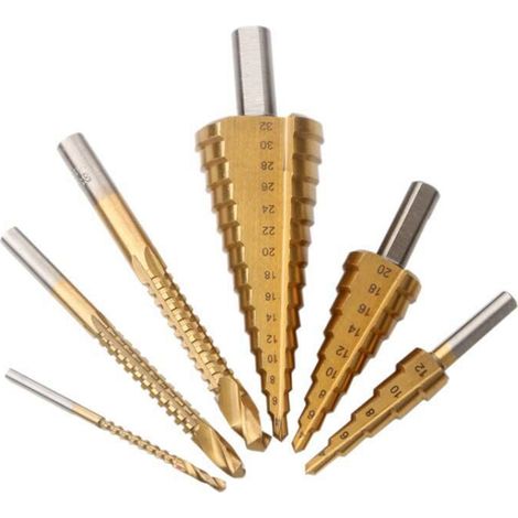 Jeu de 6 aléseurs pagode à queue triangulaire, forets étagés 4-12/4-20/4-32 mm, 3 mèches dentelées, combo 3 forets progressifs + 3 fraises, coffret transparent, usage professionnel.