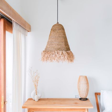 Abat-jour Suspension en Raphia Tressé Luminaire Bohème à Franges Diamètre 30 40 50 cm - PANGIVO