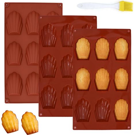 3 Stück Madeleine-Formen aus Silikon mit 1 Pinsel, antihaftbeschichtete Madeleine-Form mit 9 Mulden, muschelförmige Formen für Kekse, Schokolade, Süßigkeiten, Kuchen (1/5)