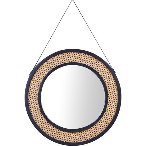 Espejo de pared decorativo estilo boho con forma redonda y marco de ratán natural ø 70 cm Cambrai