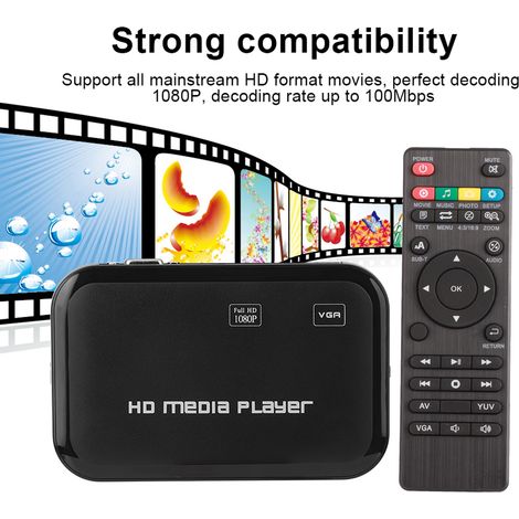 Lecteur Multimédia HDMI Mini 1080P pour Télévision, avec Ports VGA et AV, Alimentation Large 100‑240V UE
