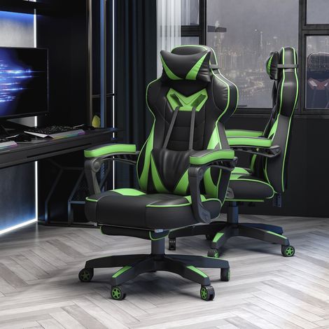 Silla Gaming Ergonómica Silla de Escritorio de Oficina Regulable en Altura Reclinable Respaldo con Reposapiés Reposacabezas Cojín Lumbar Ruedas 65x70x118,5-128,5 cm Verde (1/5)