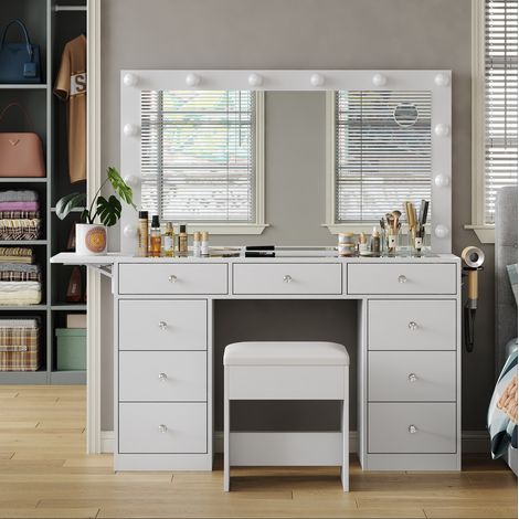 Coiffeuse Miroir LED, Table de Maquillage 9 Tiroirs, Prise Intégrée, 3 Modes d'Éclairage, Plateau Verre, Tabouret, Blanc (1/5)