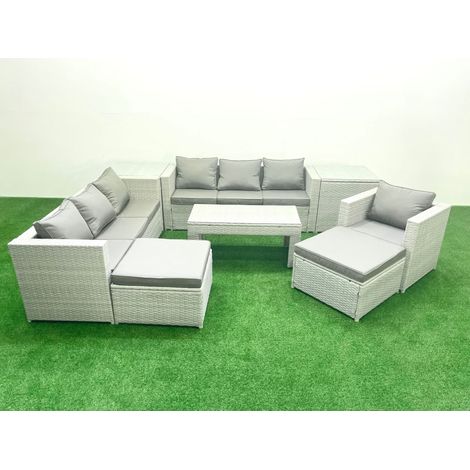 Fimous Meubles d'extérieur en rotin avec Table basse oblongue Fauteuil 2 Grand tabourets 2 Tables d'appoint Gris clair mixte (1/5)